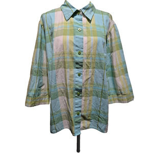 CJ Banks Button Up Top Women's Plus Size 1X Yellow Green Cottagecore 100% Cotton
